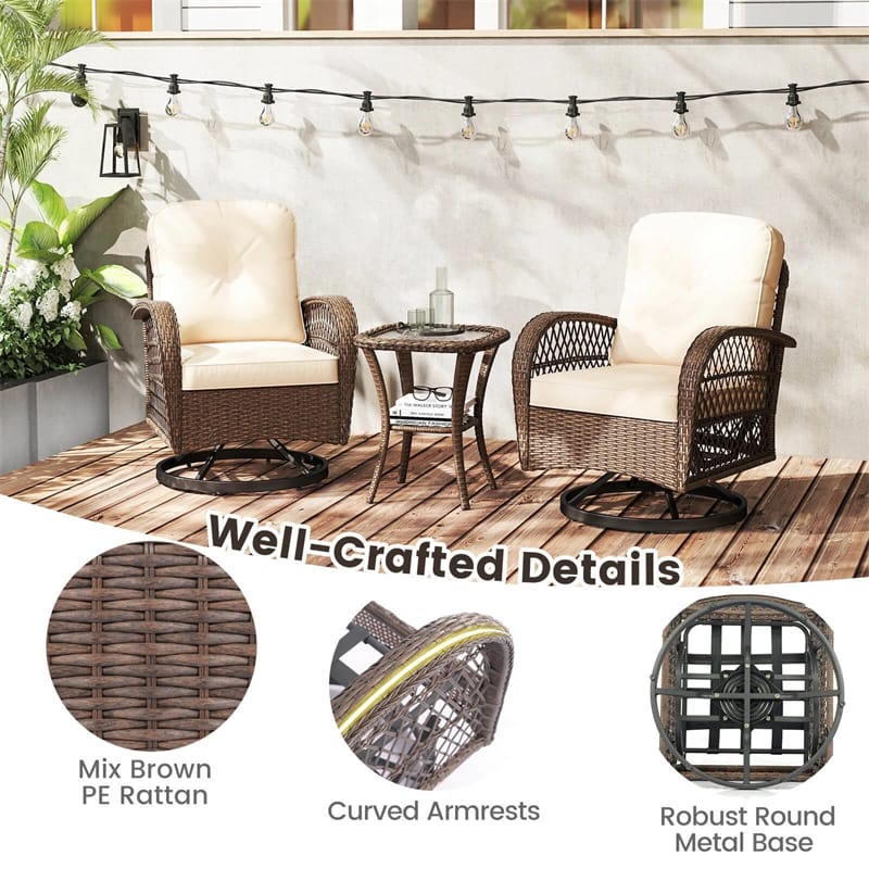 3 Piece Patio Wicker Swivel Rocker Chair Set, Outdoor Rattan Glider Bistro Furniture Set with 2-Tier Tempered Glass Side Table & Cushions