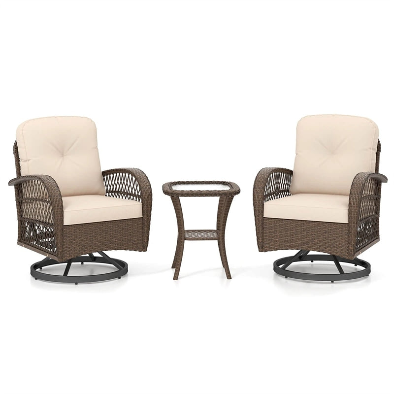 3 Piece Patio Wicker Swivel Rocker Chair Set, Outdoor Rattan Glider Bistro Furniture Set with 2-Tier Tempered Glass Side Table & Cushions