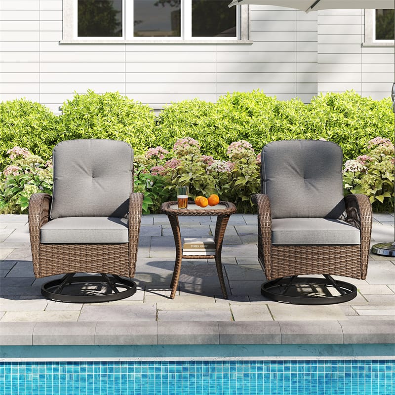 3 Piece Patio Wicker Swivel Rocker Chair Set, Outdoor Rattan Glider Bistro Furniture Set with 2-Tier Tempered Glass Side Table & Cushions