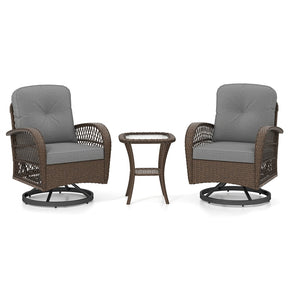 3 Piece Patio Wicker Swivel Rocker Chair Set, Outdoor Rattan Glider Bistro Furniture Set with 2-Tier Tempered Glass Side Table & Cushions
