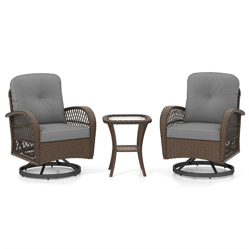 3 Piece Patio Wicker Swivel Rocker Chair Set, Outdoor Rattan Glider Bistro Furniture Set with 2-Tier Tempered Glass Side Table & Cushions