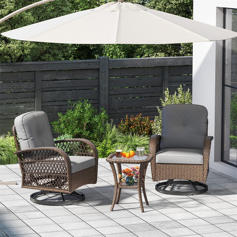 3 Piece Patio Wicker Swivel Rocker Chair Set, Outdoor Rattan Glider Bistro Furniture Set with 2-Tier Tempered Glass Side Table & Cushions