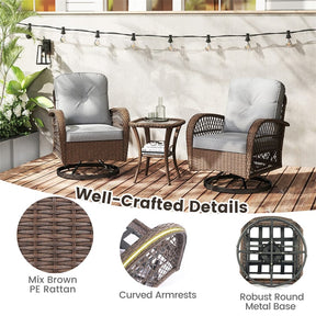 3 Piece Patio Wicker Swivel Rocker Chair Set, Outdoor Rattan Glider Bistro Furniture Set with 2-Tier Tempered Glass Side Table & Cushions