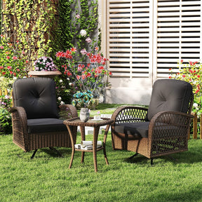 3 Piece Patio Wicker Swivel Rocker Chair Set, Outdoor Rattan Glider Bistro Furniture Set with 2-Tier Tempered Glass Side Table & Cushions