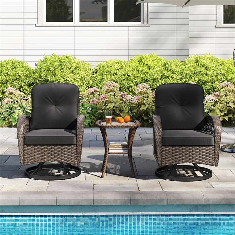 3 Piece Patio Wicker Swivel Rocker Chair Set, Outdoor Rattan Glider Bistro Furniture Set with 2-Tier Tempered Glass Side Table & Cushions