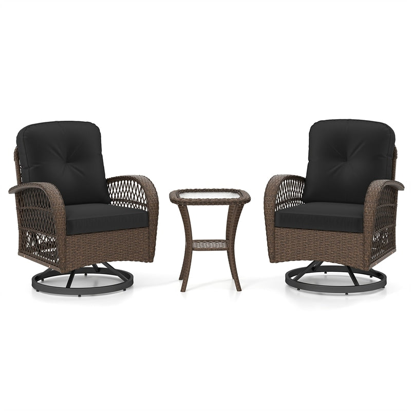 3 Piece Patio Wicker Swivel Rocker Chair Set, Outdoor Rattan Glider Bistro Furniture Set with 2-Tier Tempered Glass Side Table & Cushions