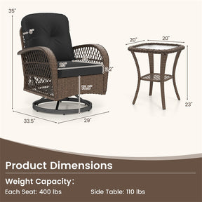3 Piece Patio Wicker Swivel Rocker Chair Set, Outdoor Rattan Glider Bistro Furniture Set with 2-Tier Tempered Glass Side Table & Cushions