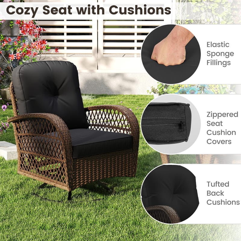 3 Piece Patio Wicker Swivel Rocker Chair Set, Outdoor Rattan Glider Bistro Furniture Set with 2-Tier Tempered Glass Side Table & Cushions