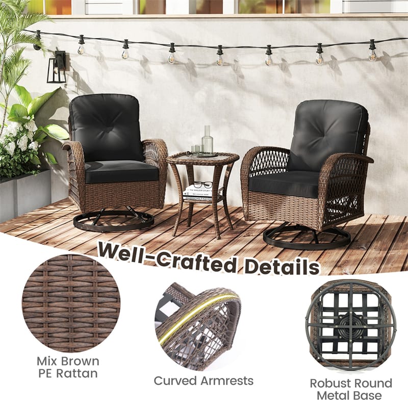 3 Piece Patio Wicker Swivel Rocker Chair Set, Outdoor Rattan Glider Bistro Furniture Set with 2-Tier Tempered Glass Side Table & Cushions
