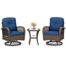 3 Piece Patio Wicker Swivel Rocker Chair Set, Outdoor Rattan Glider Bistro Furniture Set with 2-Tier Tempered Glass Side Table & Cushions