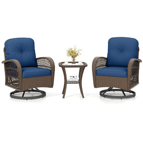 3 Piece Patio Wicker Swivel Rocker Chair Set, Outdoor Rattan Glider Bistro Furniture Set with 2-Tier Tempered Glass Side Table & Cushions