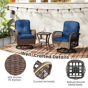 3 Piece Patio Wicker Swivel Rocker Chair Set, Outdoor Rattan Glider Bistro Furniture Set with 2-Tier Tempered Glass Side Table & Cushions
