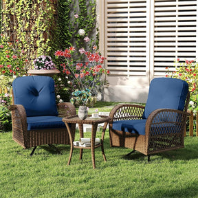 3 Piece Patio Wicker Swivel Rocker Chair Set, Outdoor Rattan Glider Bistro Furniture Set with 2-Tier Tempered Glass Side Table & Cushions