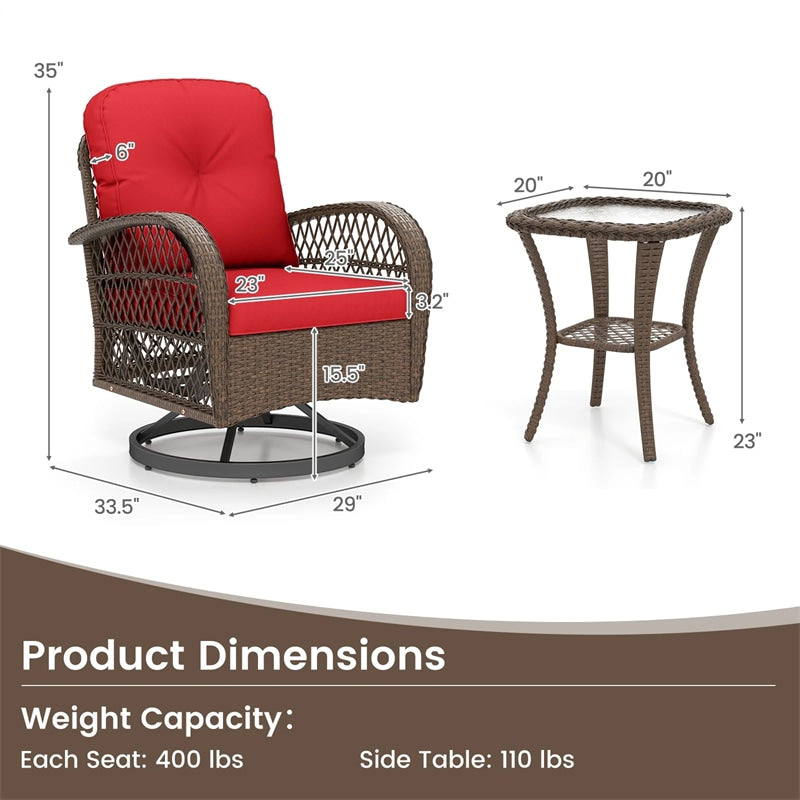 3 Piece Patio Wicker Swivel Rocker Chair Set, Outdoor Rattan Glider Bistro Furniture Set with 2-Tier Tempered Glass Side Table & Cushions