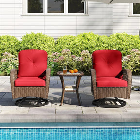 3 Piece Patio Wicker Swivel Rocker Chair Set, Outdoor Rattan Glider Bistro Furniture Set with 2-Tier Tempered Glass Side Table & Cushions