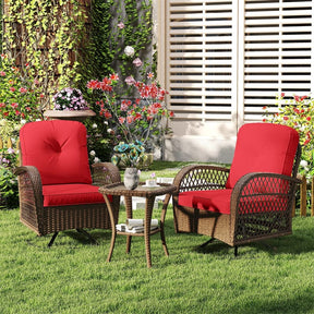 3 Piece Patio Wicker Swivel Rocker Chair Set, Outdoor Rattan Glider Bistro Furniture Set with 2-Tier Tempered Glass Side Table & Cushions