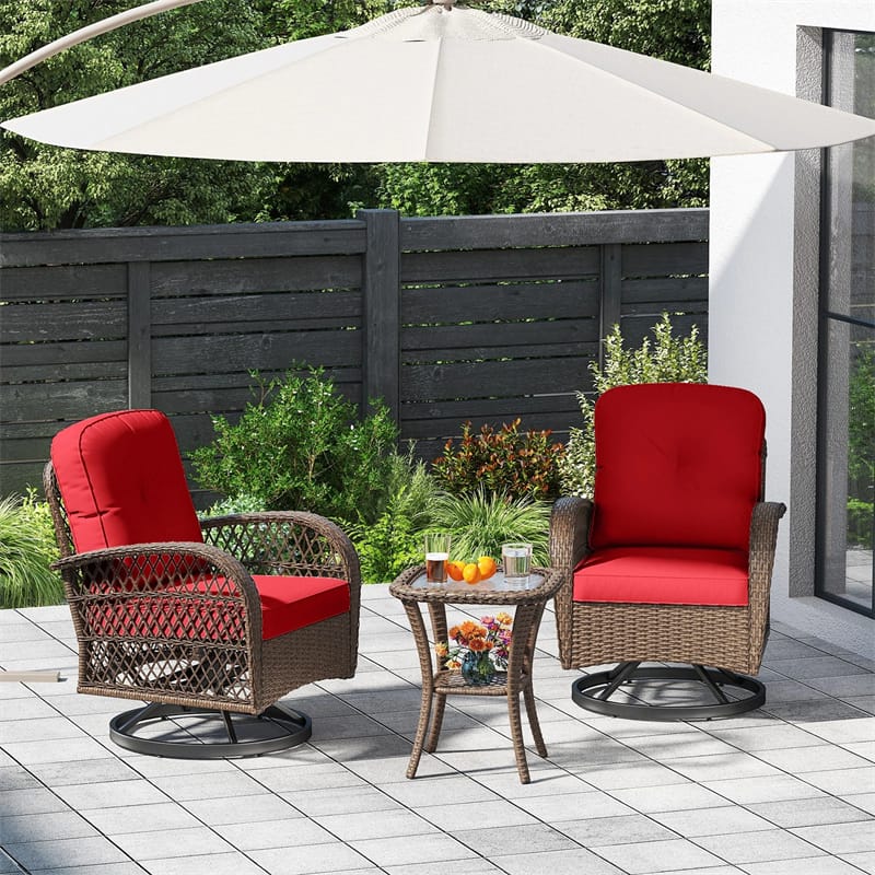 3 Piece Patio Wicker Swivel Rocker Chair Set, Outdoor Rattan Glider Bistro Furniture Set with 2-Tier Tempered Glass Side Table & Cushions