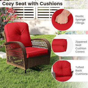 3 Piece Patio Wicker Swivel Rocker Chair Set, Outdoor Rattan Glider Bistro Furniture Set with 2-Tier Tempered Glass Side Table & Cushions