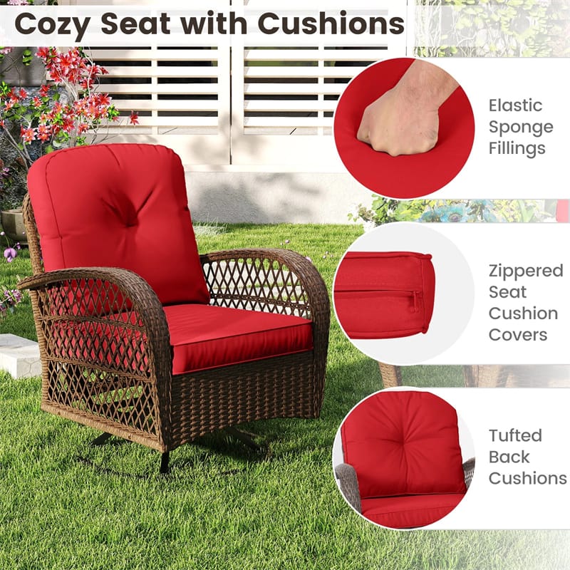 3 Piece Patio Wicker Swivel Rocker Chair Set, Outdoor Rattan Glider Bistro Furniture Set with 2-Tier Tempered Glass Side Table & Cushions