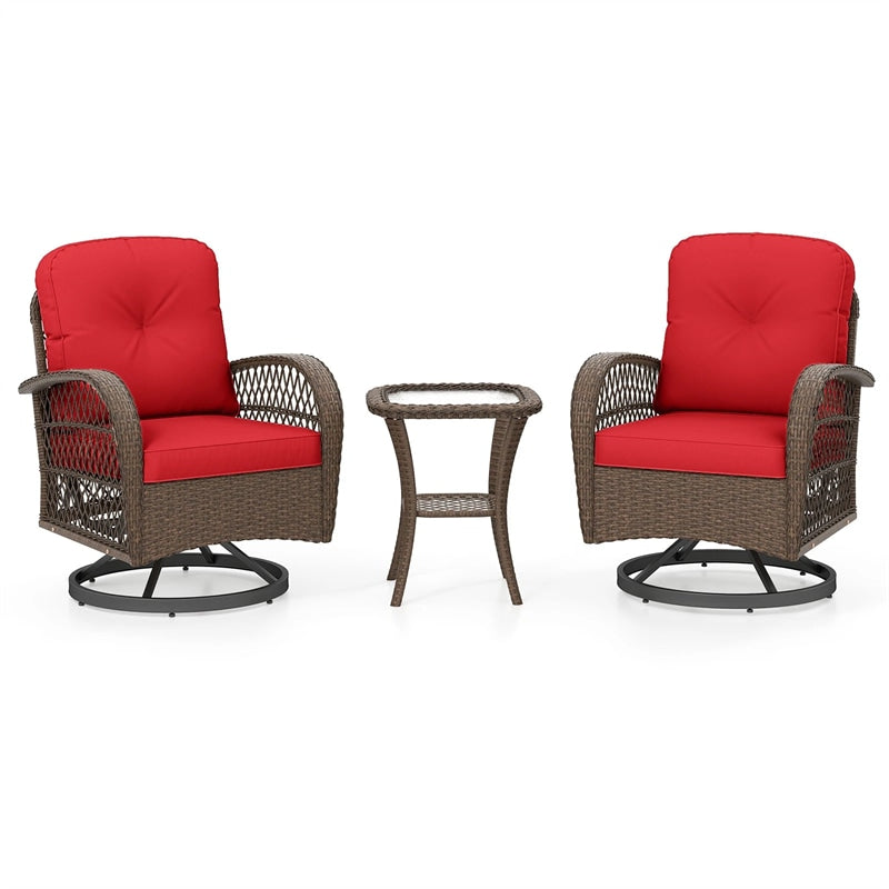 3 Piece Patio Wicker Swivel Rocker Chair Set, Outdoor Rattan Glider Bistro Furniture Set with 2-Tier Tempered Glass Side Table & Cushions
