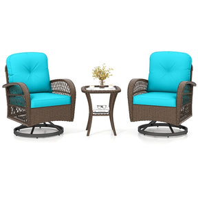 3 Piece Patio Wicker Swivel Rocker Chair Set, Outdoor Rattan Glider Bistro Furniture Set with 2-Tier Tempered Glass Side Table & Cushions