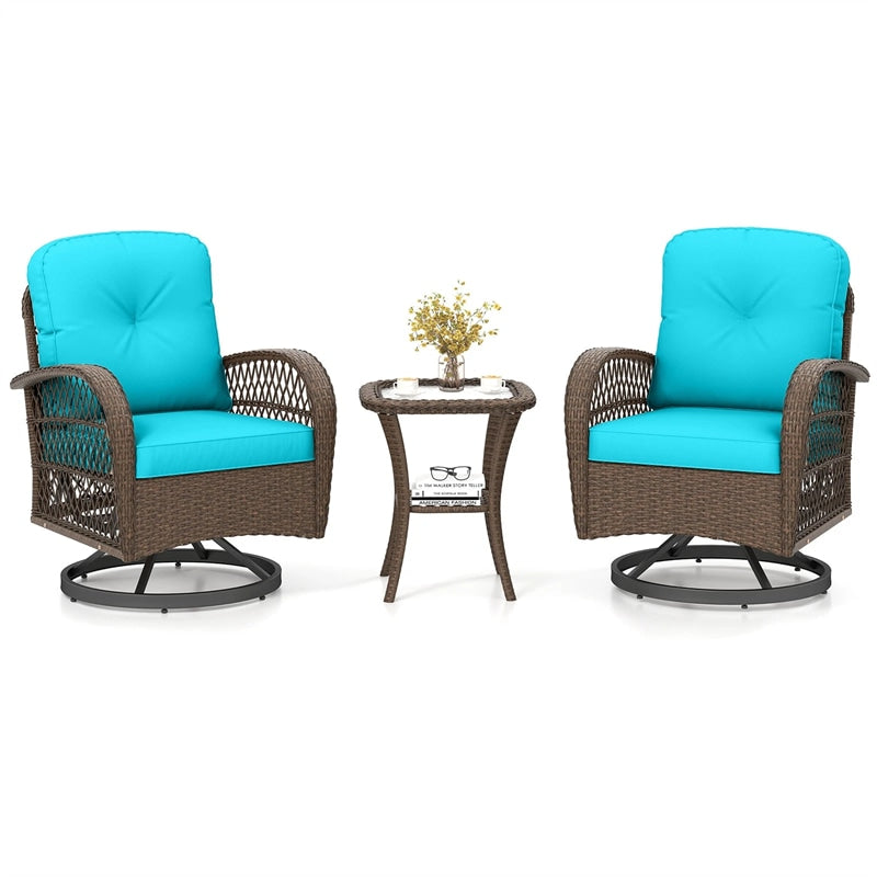 3 Piece Patio Wicker Swivel Rocker Chair Set, Outdoor Rattan Glider Bistro Furniture Set with 2-Tier Tempered Glass Side Table & Cushions