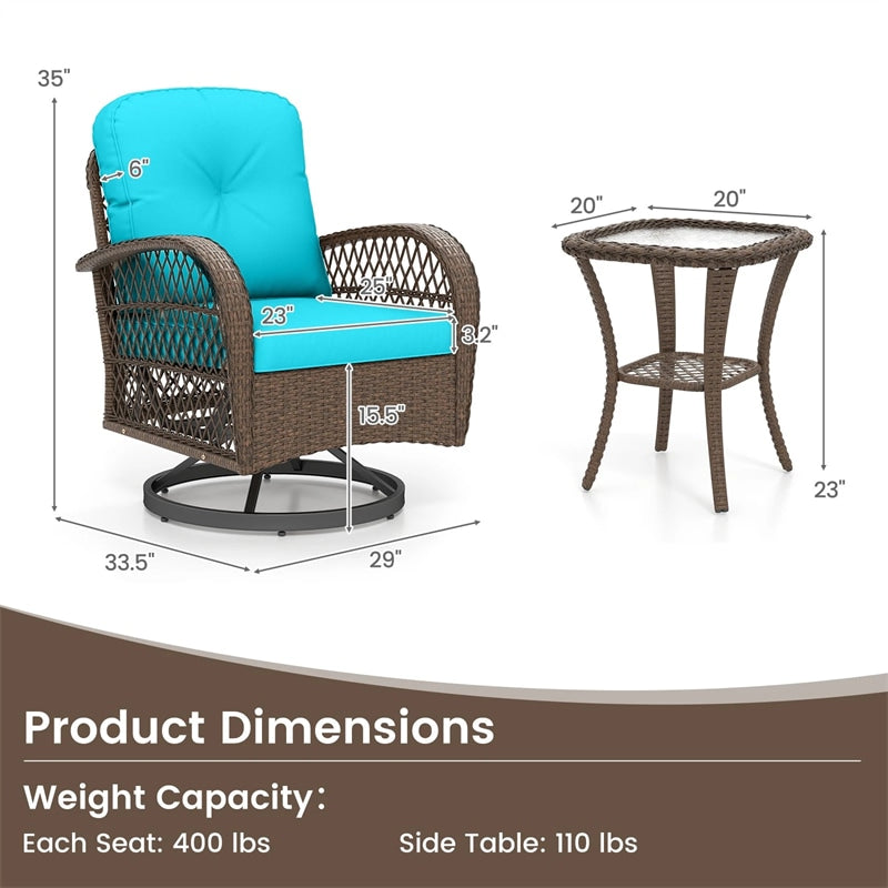 3 Piece Patio Wicker Swivel Rocker Chair Set, Outdoor Rattan Glider Bistro Furniture Set with 2-Tier Tempered Glass Side Table & Cushions