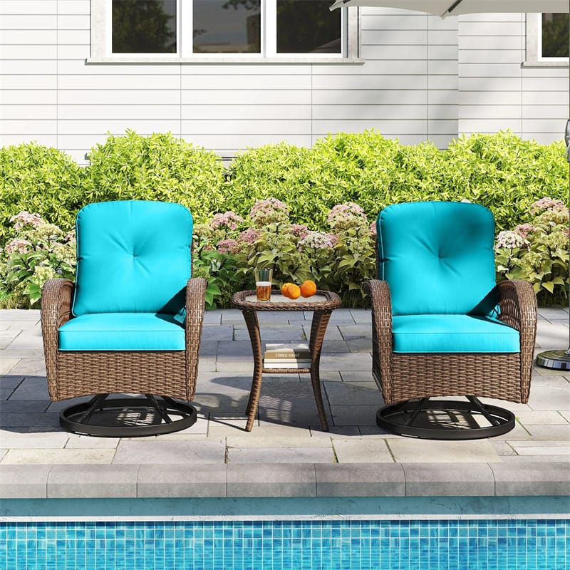 3 Piece Patio Wicker Swivel Rocker Chair Set, Outdoor Rattan Glider Bistro Furniture Set with 2-Tier Tempered Glass Side Table & Cushions