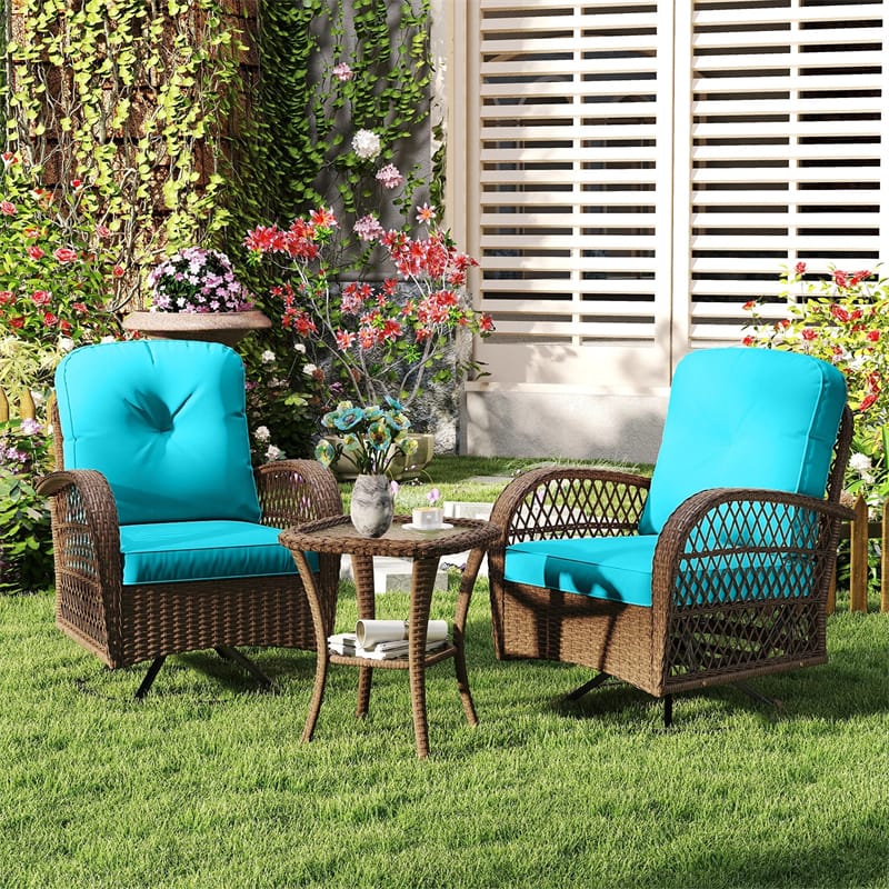 3 Piece Patio Wicker Swivel Rocker Chair Set, Outdoor Rattan Glider Bistro Furniture Set with 2-Tier Tempered Glass Side Table & Cushions