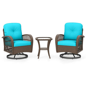3 Piece Patio Wicker Swivel Rocker Chair Set, Outdoor Rattan Glider Bistro Furniture Set with 2-Tier Tempered Glass Side Table & Cushions