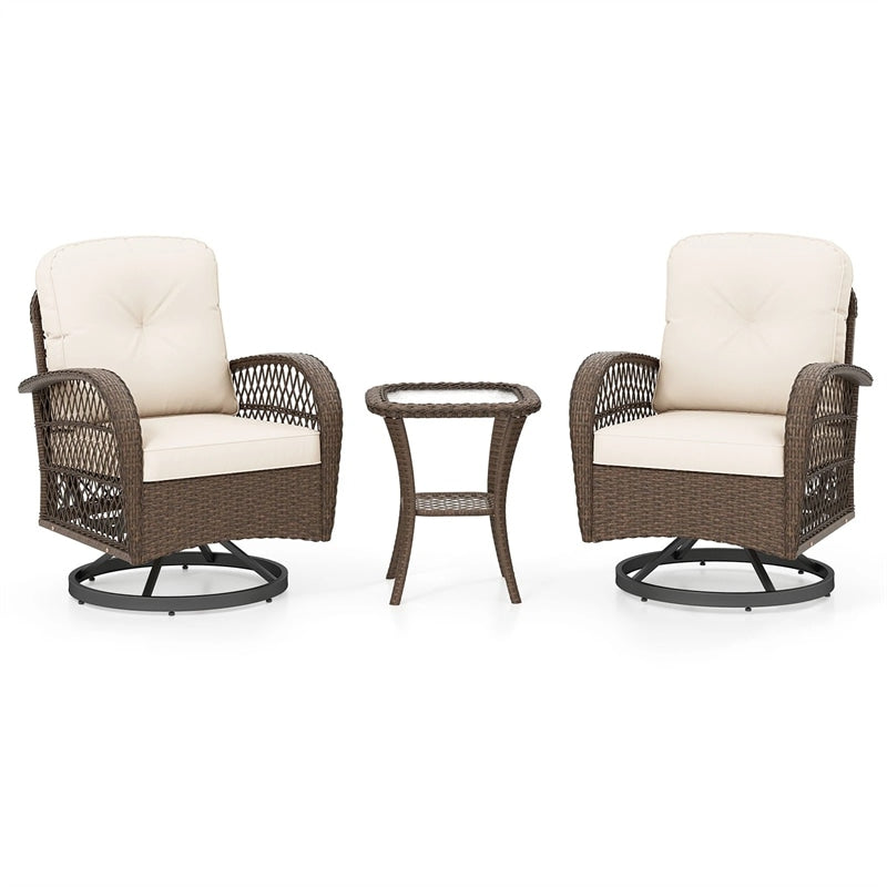 3 Piece Patio Wicker Swivel Rocker Chair Set, Outdoor Rattan Glider Bistro Furniture Set with 2-Tier Tempered Glass Side Table & Cushions