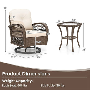 3 Piece Patio Wicker Swivel Rocker Chair Set, Outdoor Rattan Glider Bistro Furniture Set with 2-Tier Tempered Glass Side Table & Cushions