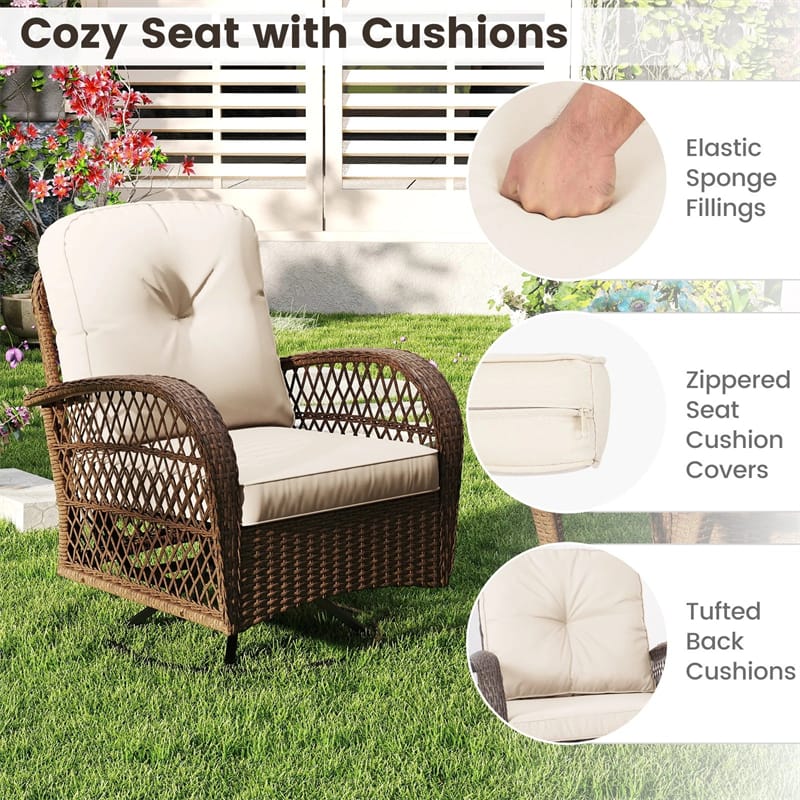 3 Piece Patio Wicker Swivel Rocker Chair Set, Outdoor Rattan Glider Bistro Furniture Set with 2-Tier Tempered Glass Side Table & Cushions