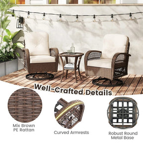 3 Piece Patio Wicker Swivel Rocker Chair Set, Outdoor Rattan Glider Bistro Furniture Set with 2-Tier Tempered Glass Side Table & Cushions