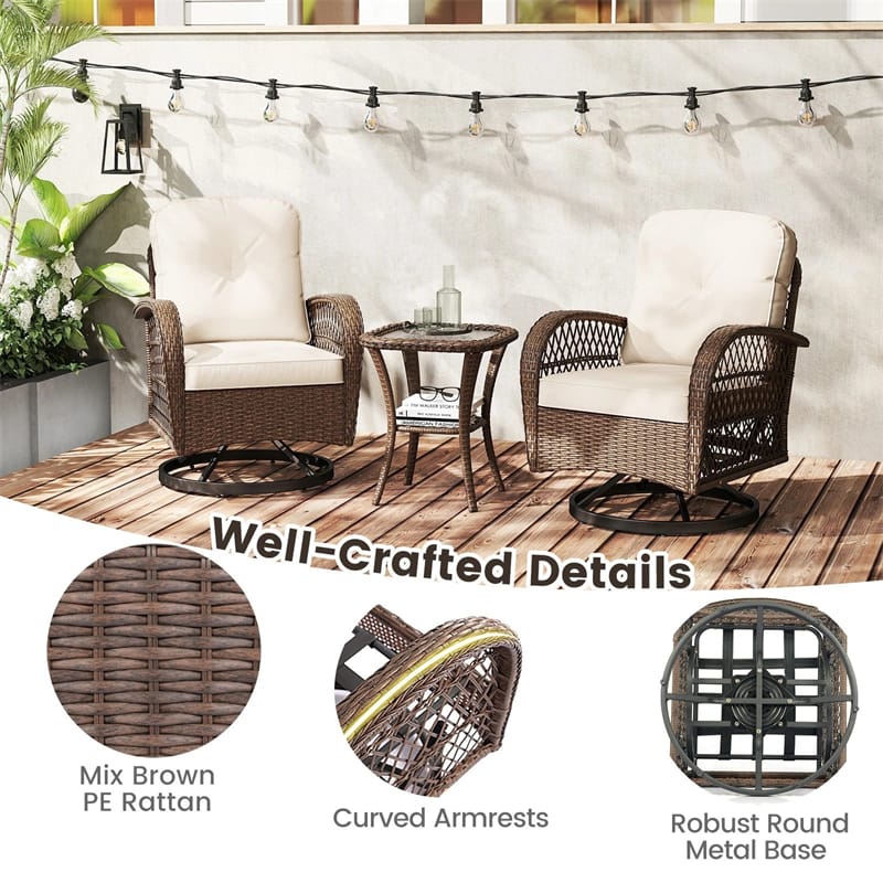 3 Piece Patio Wicker Swivel Rocker Chair Set, Outdoor Rattan Glider Bistro Furniture Set with 2-Tier Tempered Glass Side Table & Cushions