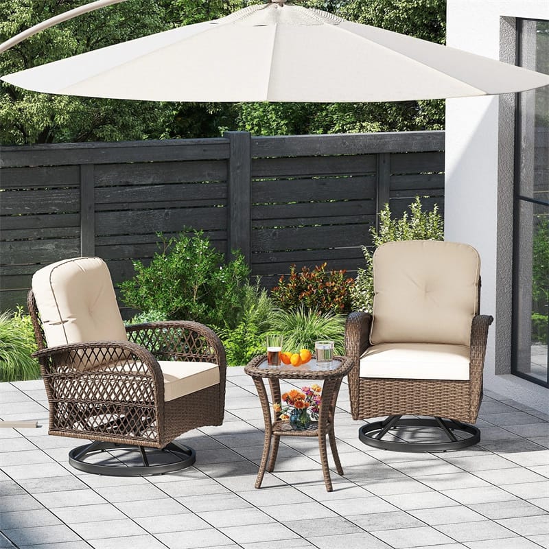 3 Piece Patio Wicker Swivel Rocker Chair Set, Outdoor Rattan Glider Bistro Furniture Set with 2-Tier Tempered Glass Side Table & Cushions