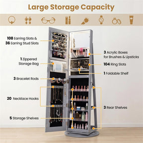 360° Swivel Jewelry Cabinet Armoire w/ Full Length Mirror 3-Color LED Lights & Rear Shelves, Lockable Standing Jewelry Storage Organizer