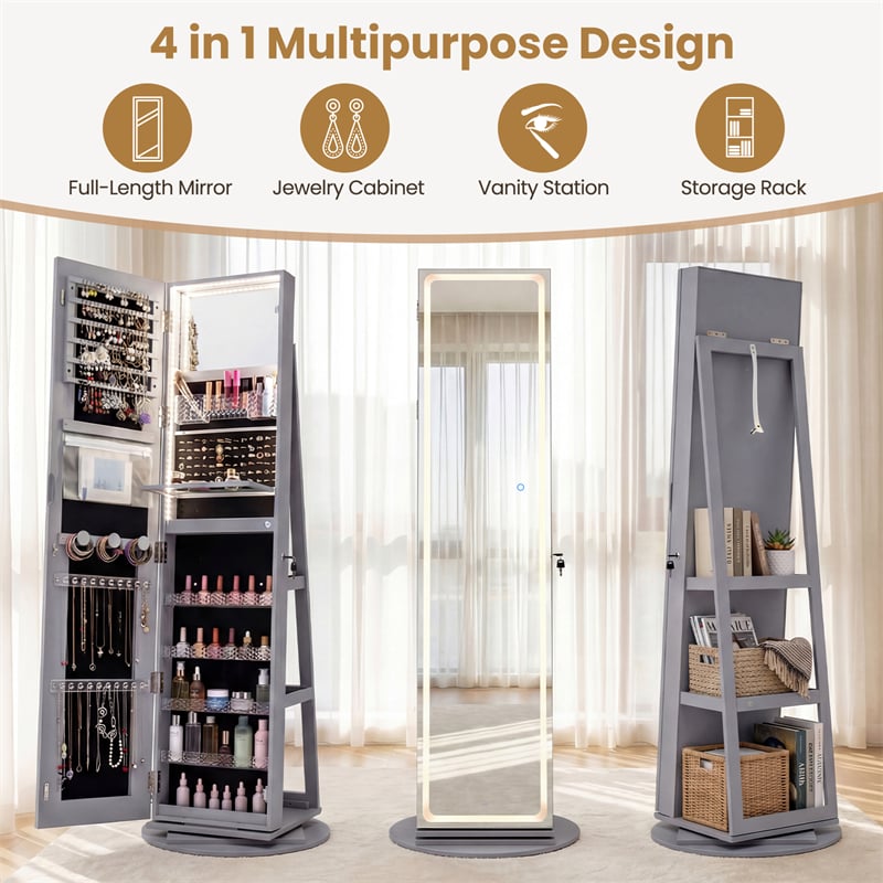 360° Swivel Jewelry Cabinet Armoire w/ Full Length Mirror 3-Color LED Lights & Rear Shelves, Lockable Standing Jewelry Storage Organizer