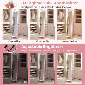 360° Swivel Jewelry Cabinet Armoire w/ Full Length Mirror 3-Color LED Lights & Rear Shelves, Lockable Standing Jewelry Storage Organizer