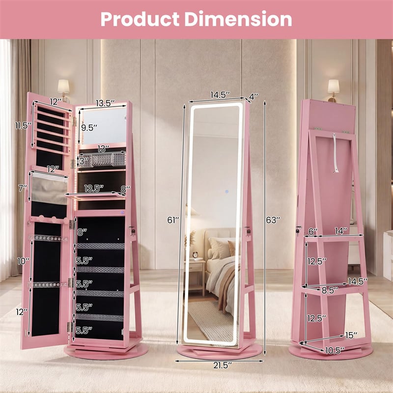 360° Swivel Jewelry Cabinet Armoire w/ Full Length Mirror 3-Color LED Lights & Rear Shelves, Lockable Standing Jewelry Storage Organizer