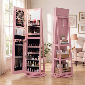 360° Swivel Jewelry Cabinet Armoire w/ Full Length Mirror 3-Color LED Lights & Rear Shelves, Lockable Standing Jewelry Storage Organizer