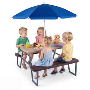 4 Person Kids Picnic Table Bench Set with Removable Umbrella, HDPE Tabletop & Metal Frame, Toddler Outdoor Furniture for Patio Backyard Garden