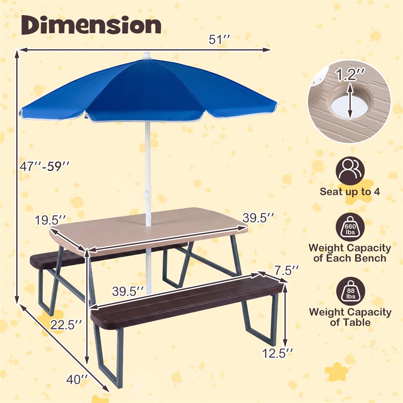 4 Person Kids Picnic Table Bench Set with Removable Umbrella, HDPE Tabletop & Metal Frame, Toddler Outdoor Furniture for Patio Backyard Garden