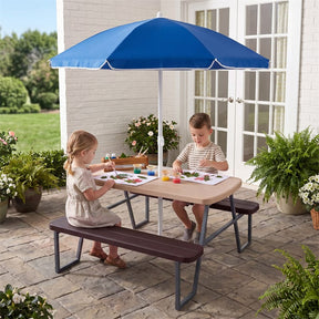 4 Person Kids Picnic Table Bench Set with Removable Umbrella, HDPE Tabletop & Metal Frame, Toddler Outdoor Furniture for Patio Backyard Garden