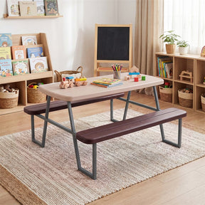 4 Person Kids Picnic Table Bench Set with Removable Umbrella, HDPE Tabletop & Metal Frame, Toddler Outdoor Furniture for Patio Backyard Garden