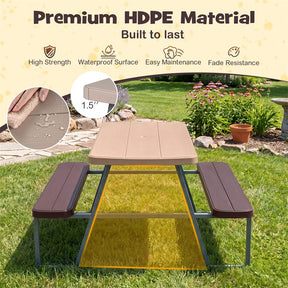 4 Person Kids Picnic Table Bench Set with Removable Umbrella, HDPE Tabletop & Metal Frame, Toddler Outdoor Furniture for Patio Backyard Garden