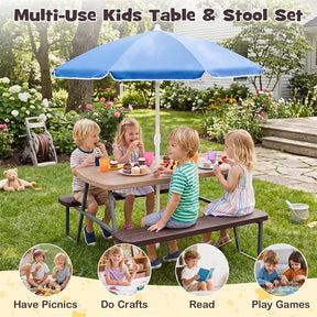 4 Person Kids Picnic Table Bench Set with Removable Umbrella, HDPE Tabletop & Metal Frame, Toddler Outdoor Furniture for Patio Backyard Garden