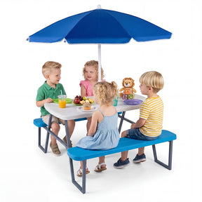 4 Person Kids Picnic Table Bench Set with Removable Umbrella, HDPE Tabletop & Metal Frame, Toddler Outdoor Furniture for Patio Backyard Garden