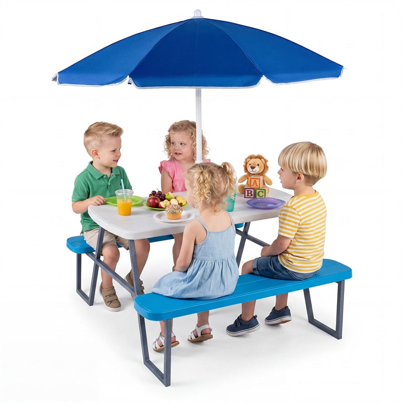 4 Person Kids Picnic Table Bench Set with Removable Umbrella, HDPE Tabletop & Metal Frame, Toddler Outdoor Furniture for Patio Backyard Garden