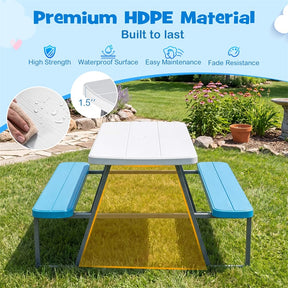 4 Person Kids Picnic Table Bench Set with Removable Umbrella, HDPE Tabletop & Metal Frame, Toddler Outdoor Furniture for Patio Backyard Garden